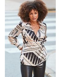 Sosandar - Ivory Abstract Print Collared Faux Wrap Top - Lyst