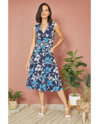 Mela London - Floral Print Stretch Wrap Over Midi Dress With Pockets - Lyst