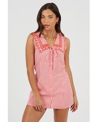 Brave Soul - Gingham Mini Dress With Oversized Embroidered Collar - Lyst
