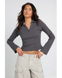 Boohoo - Ribbed Open Collar Detail Top - Lyst