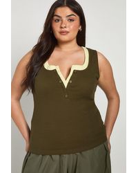 Boohoo - Plus Ribbed Contrast Henley Button Vest Top - Lyst
