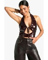 Boohoo - Sequin Halterneck Tie Front Crop Top - Lyst