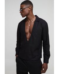 BoohooMAN - Oversized Wrap Front Long Sleeve Linen Blend Shirt - Lyst