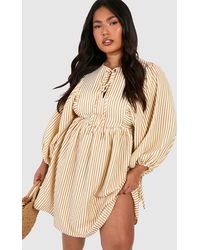Boohoo - Plus Stripe Textured Balloon Sleeve Smock Dress - Lyst