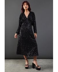 Warehouse - Sequin Crinkle Batwing Plunge Neck Midi Dress - Lyst