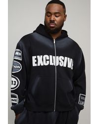 BoohooMAN - Plus Oversized Boxy Zip Through Moto Applique Spray Wash Hoodie - Lyst
