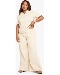 Boohoo - Plus Cotton Twill Drawstring Waist Wide Leg Trouser - Lyst
