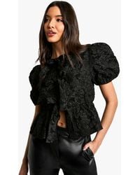 Boohoo - Textured Floral Jacquard Tie Front Puff Sleeve Smock Top - Lyst