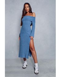 MissPap - Premium Fluffy Bardot Split Leg Maxi Dress - Lyst