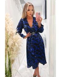 AX Paris - Cobalt And Print Long Sleeve Belted Wrap Midi Dress - Lyst