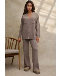 Hiccup - V-Neck Cardigan & High Waist Wide Leg Pants Knit Co-Ord Set - Lyst