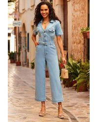 Sosandar - Light Wash D Ring Belt Culotte Denim Jumpsuit - Lyst