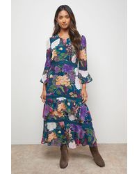 Oasis - Printed Tiered Fluted Sleeve Lace Insert Midi Dress - Lyst