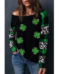 Azura Exchange - Groene Pailletten Klavertje Patch Grafisch Geruite & Luipaard Mouw Top - Lyst