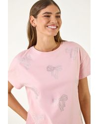 Roman - Bow Embellished Cotton T-Shirt - Lyst