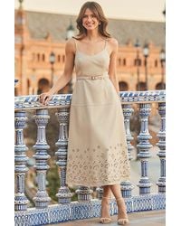 Sosandar - Ecru Faux Leather Floral Trim Fit & Flare Dress With Belt - Lyst
