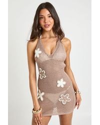 Boohoo - Crochet Floral Corsage Halter Mini Dress - Lyst