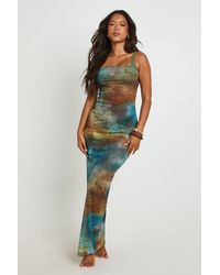 Boohoo - Abstract Print Sheer Mesh Cowl Neck Low Back Maxi Beach Dress - Lyst