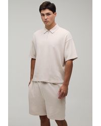BoohooMAN - Oversized Boxy Waffle Zip Neck Polo & Baggy Shorts Set - Lyst
