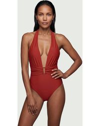Karen Millen - Halter Neck Hardware Detail Plunge Swimsuit - Lyst
