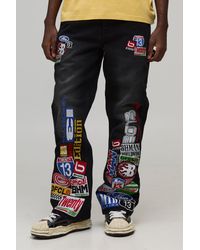 BoohooMAN - Straight Flared Applique Badge Varsity Jeans - Lyst