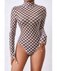 Azura Exchange - Braunes Kariertes Langarm-Hochkragen-Bodysuit - Lyst