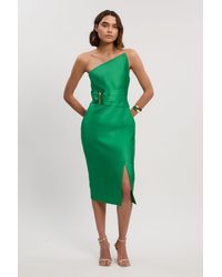 Karen Millen - Satin Twill Trim Detail Structured Asymmetric Neck Tailored Midi Dress - Lyst