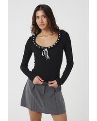 Brave Soul - Ribbed Long Sleeve Top With Bow Detail - Lyst