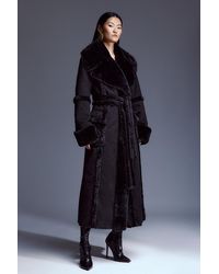 Karen Millen - Faux Shearling Collar & Cuff Tie Belt Maxi Coat - Lyst