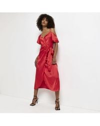 River Island - Wrap Midi Dress Red Satin - Lyst