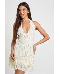 Boohoo - Polka Dot Plisse Halterneck Mini Dress - Lyst