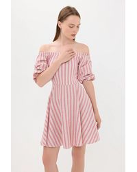 Hiccup - Striped Off Shoulder Balloon Sleeves Mini Dress - Lyst