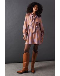Warehouse - Satin Rose Jacquard Tie Neck Flippy Mini Dress - Lyst