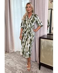 AX Paris - Brush Stroke Print 3/4 Sleeve Tie Waist Wrap Shirt Midi Dress - Lyst