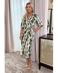 AX Paris - Brush Stroke Print 3/4 Sleeve Tie Waist Wrap Shirt Midi Dress - Lyst