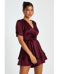 Quiz - Dark Satin Wrap Tiered Playsuit - Lyst