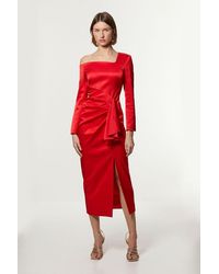 Karen Millen - Italian Structured Rib Asymmetric Neckline Draped Tailored Maxi Dress - Lyst
