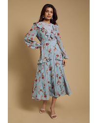 Oasis - Petite Chiffon Printed Lace Trim Detail Ruffle Midi Dress - Lyst