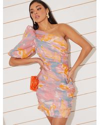 Chi Chi London - One-Shoulder Ruched Printed Mini Dress - Lyst