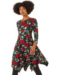 Roman - Rose Print Hanky Hem Dress - Lyst