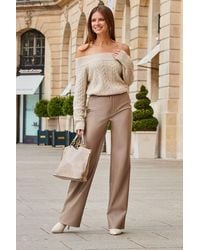 Sosandar - Taupe Faux Leather Wide Leg Trousers - Lyst