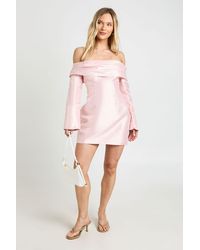 Boohoo - Petite Satin Structured Bardot Mini Dress - Lyst