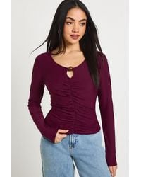 Boohoo - Cotton Touch Ruched Keyhole Long Sleeve Top With Bead Trim - Lyst