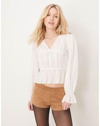 Gina Tricot - Shirred Smocked Blouse Top With Tie Front - Lyst