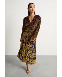 Warehouse - Petite Devore Plunge Neck Knot Waist Balloon Sleeve Midi Dress - Lyst