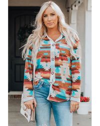 Azura Exchange - Mehrfarbige Aztekisches Muster Button-Down Taschen Brust Langarmhemd - Lyst