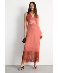 Warehouse - Embroidered And Pintuck Detail Midi Dress With Fringing - Lyst