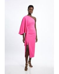 Karen Millen - Tall Compact Stretch Viscose Drape Sleeve One Shoulder Tailored Maxi Dress - Lyst