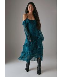 Warehouse - Petite Chiffon Ruffle Cold Shoulder Midi Dress - Lyst