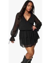 Boohoo - Plus Crinkle Chiffon Wrap Ruffle Skater Dress - Lyst